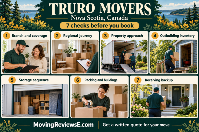 Truro, Nova Scotia moving checklist: Branch and coverage, Regional journey, Property approach, Outbuilding inventory, Storage sequence, Packing and buildings, Receiving backup.