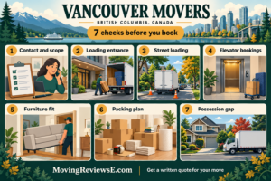 Vancouver, British Columbia moving checklist: service contact, loading entrance, street loading, elevators, furniture fit, packing and possession.