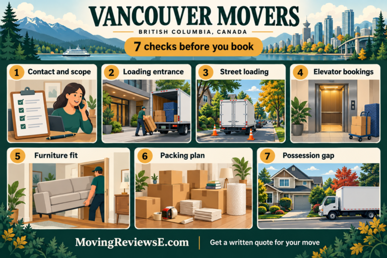 Vancouver, British Columbia moving checklist: service contact, loading entrance, street loading, elevators, furniture fit, packing and possession.