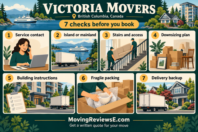 Victoria, British Columbia moving checklist: Service contact, Island or mainland, Stairs and access, Downsizing plan, Building instructions, Fragile packing, Delivery backup.