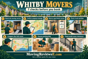 Whitby moving checklist: Match the moving service; Confirm company coverage; Reserve apartment access; Check truck parking; Compare the full route; Choose packing help; Check small-move minimums.