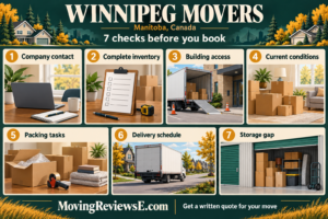 Winnipeg, Manitoba moving checklist: Company contact, Complete inventory, Building access, Current conditions, Packing tasks, Delivery schedule, Storage gap.